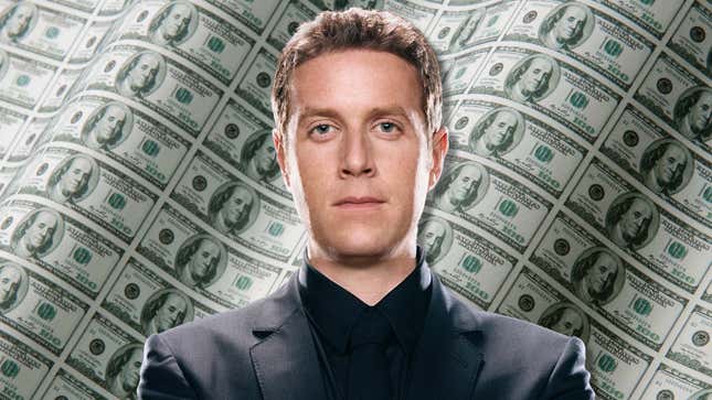 An image shows Geoff in front of a large amount of cash. 