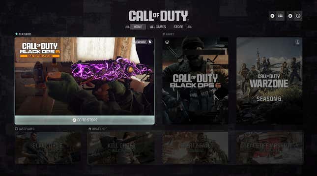 The completely lifeless home screen of the Call of Duty launcher, which initially throws an advertisement in your face.