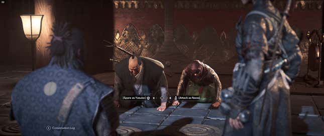 Two characters beg for their lives in front of the game's protagonists.