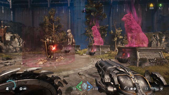 The player looks at lion statues.