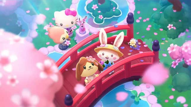 A cute dog, rabbit, bird, and the Hello Kitty character stand on a bridge in a peaceful-looking forest.