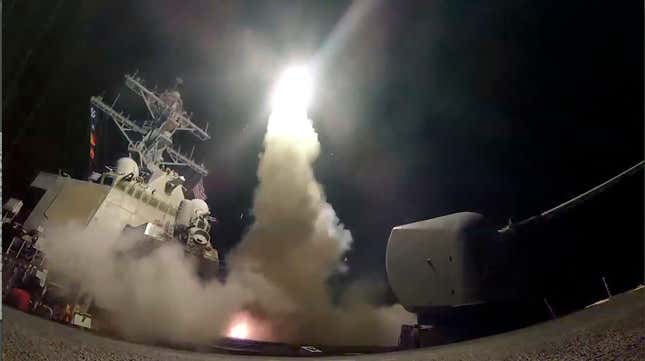 FILE - In this file image from video provided by the U.S. Navy, the guided-missile destroyer USS Porter (DDG 78) launches a tomahawk land attack missile in the Mediterranean Sea, on April 7, 2017. Japan’s defense ministry is requesting a nearly 12% budget increase that includes two warships with advanced radar and long-range cruise missiles as it further fortifies the nation&#39;s military in the face of North Korean threats and Chinese military advancement. (Mass Communication Specialist 3rd Class Ford Williams/U.S. Navy via AP, File)