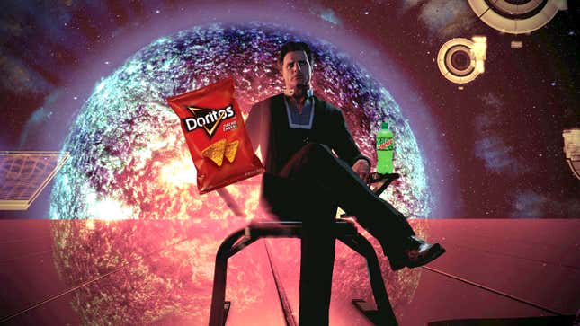 The Illusive Man holds Doritos and a bottle of Mountain Dew.