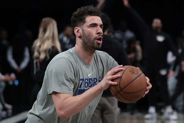 Apr 22, 2023; Brooklyn, New York, USA; Philadelphia 76ers forward Georges Niang (20) warms up before game four of the 2023 NBA playoffs against the Brooklyn Nets at Barclays Center.