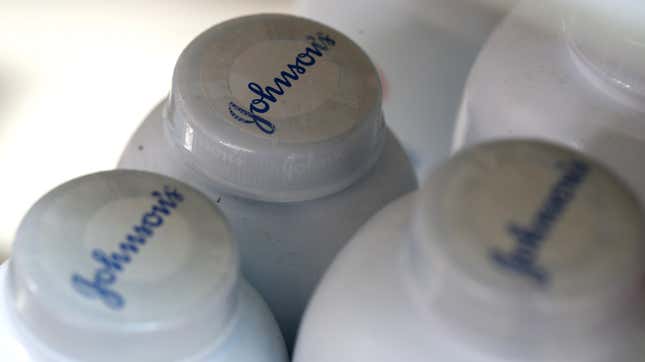 Containers of Johnson’s baby powder made by Johnson and Johnson sits on a shelf at Jack’s Drug Store on October 18, 2019 in San Anselmo, California