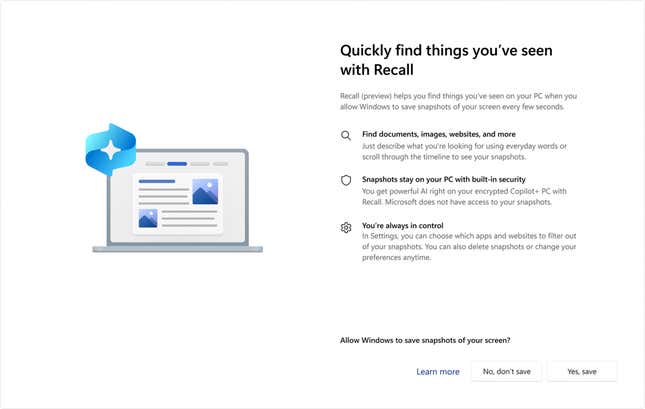 Image from article where Microsoft says there is no need to use the recall feature in Copilot+
