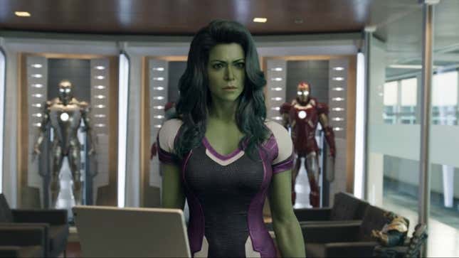 She-Hulk surrounded by Ironman suits