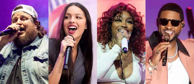 This combination of images shows, from left, Jelly Roll, Olivia Rodrigo, SZA and Usher who will perform at iHeartRadio&#39;s 2023 Jingle Ball. (AP Photo)