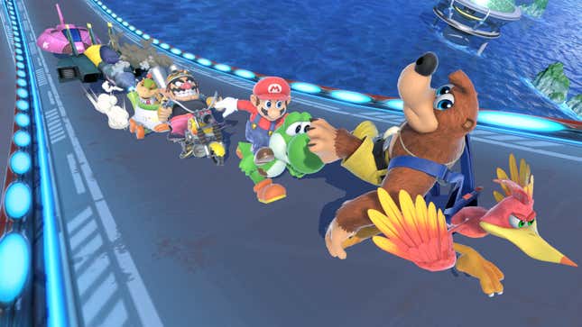 Some stiff competition on the raceway as Banjo-Kazooie leads in front of Mario and Yoshi, Wario, and others.