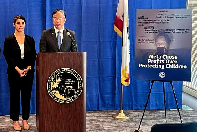 Attorney General Rob Bonta talks during a news conference in San Francisco, on Tuesday, Oct. 24, 2023. Dozens of US states, including California and New York, are suing Meta Platforms Inc. for harming young people and contributing to the youth mental health crisis by knowingly and deliberately designing features on Instagram and Facebook that addict children to its platforms. (AP Photo/Haven Daley)