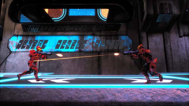 Two red-colored Splitgate players shooting at each other.