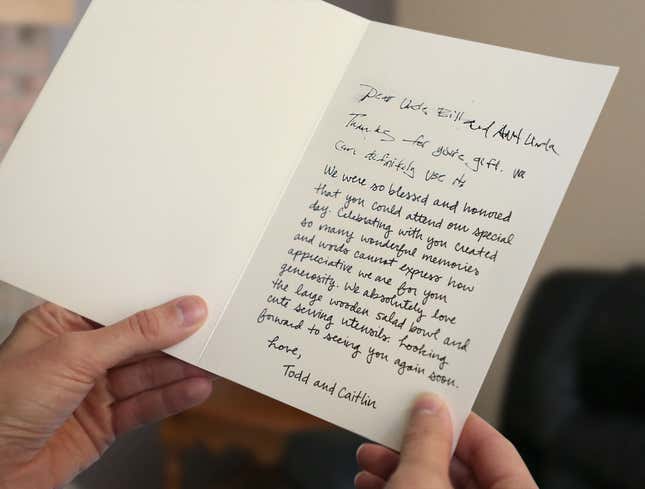 Image for article titled Wife Clearly Took Over Halfway Through ‘Thank You’ Card