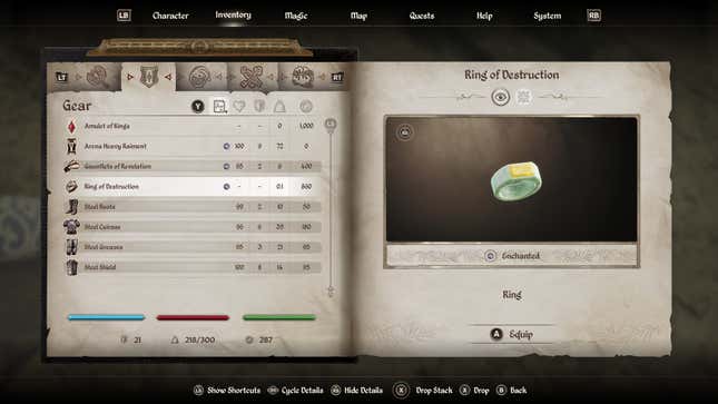 The Ring of Destruction in the player’s inventory in Oblivion Remastered.