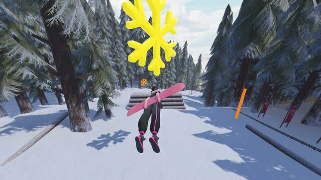 A snowboarder floats through the air towards a giant yellow snowflake