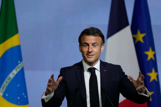 French President Emmanuel Macron speaks during a meeting with the business community at the Sao Paulo State Industries Federation, in Sao Paulo, Brazil, Wednesday, March 27, 2024. Macron is on a three-day official visit to Brazil. (AP Photo/Andre Penner)