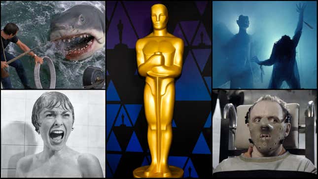 Center: Oscar statue at the Academy of Motion Picture Arts and Sciences in Beverly Hills, California. (Photo: Rodin Eckenroth/Getty Images); Bottom left: Psycho (Screenshot: Paramount Pictures); Top left: Jaws (Screenshot: Universal Pictures); Top right: The Exorcist (Screesnhot: Warner Bros.); Bottom right: Silence Of The Lambs (Screenshot: Orion Pictures)