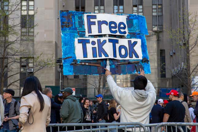 FILE - A man carries a Free TikTok sign in front of the courthouse where the hush-money trial of Donald Trump got underway April 15, 2024, in New York. The House has passed legislation Saturday, April 20, to ban TikTok in the U.S. if its China-based owner doesn&#39;t sell its stake, sending it to the Senate as part of a larger package of bills that would send aid to Ukraine and Israel. House Republicans&#39; decision to add the TikTok bill to the foreign aid package fast-tracked the legislation after it had stalled in the Senate. The aid bill is a priority for President Joe Biden that has broad congressional support. (AP Photo/Ted Shaffrey, File)