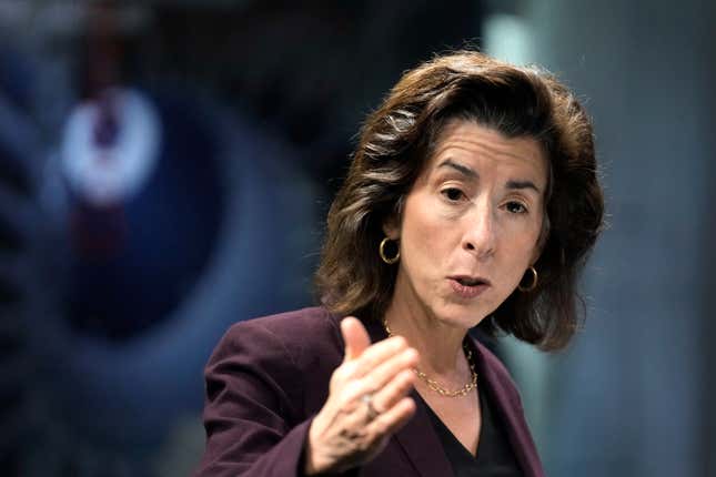 U.S. Commerce Secretary Gina Raimondo, addresses an audience, Monday, Dec. 11, 2023, during a visit to BAE Systems, in Nashua, N.H. The Biden administration announced the first of many coming federal investments in computer chip production, saying Monday that it would provide $35 million for BAE Systems to increase production at a New Hampshire factory making chips for military aircraft, including F-15 and F-35 jets. (AP Photo/Steven Senne)