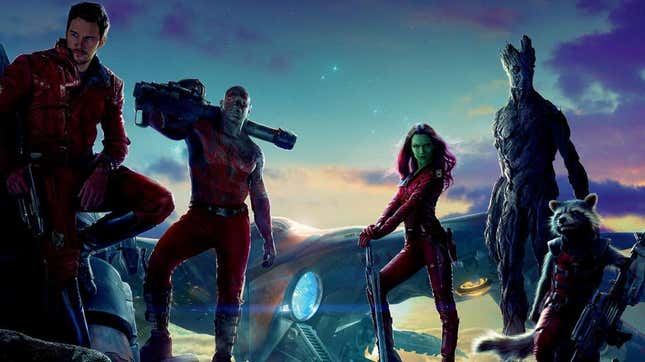 The Guardians of the Galaxy (Star-Lord, Drax, Gamora, Groot, and Rocket) pose together.