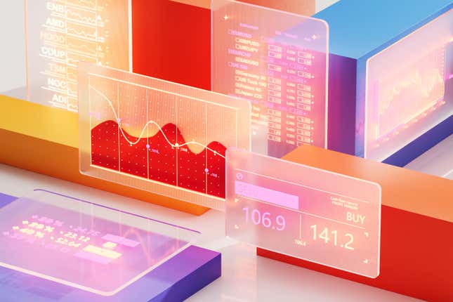 Colorful illustration of screens showing stocks, buy-sell options, etc.