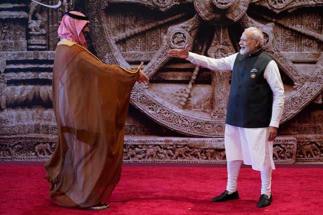 Indian Prime Minister Narendra Modi, right, welcomes Crown Prince Mohammed bin Salman of Saudi Arabia upon his arrival at Bharat Mandapam convention centre for the G20 Summit in New Delhi, India, Saturday, Sept. 9, 2023. (AP Photo/Evan Vucci, Pool)