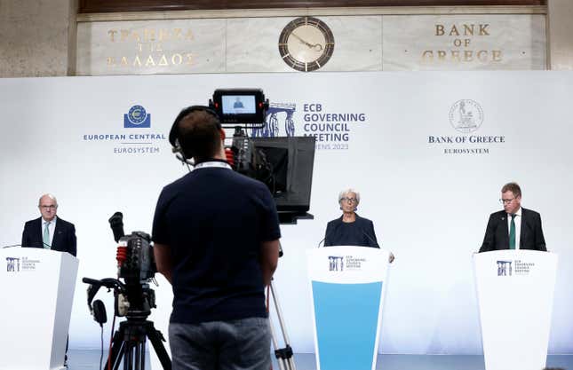 ECB President Christine Lagarde, center, speaks during a press conference at the Bank of Greece, in Athens, Thursday, Oct. 26, 2023. The European Central Bank left interest rates unchanged Thursday for the first time in over a year as the Israel-Hamas war spreads even more gloom over already downbeat prospects for Europe&#39;s economy. (AP Photo)