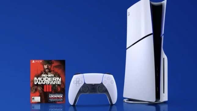 A PS5 Slim sits next to a copy of Modern Warfare 3.