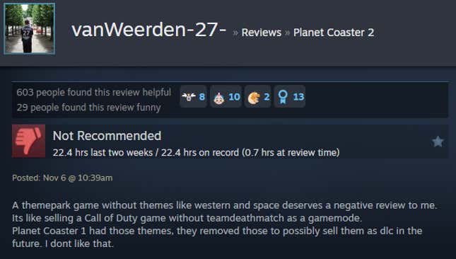 A screenshot shows a Steam user review of Planet Coaster 2.