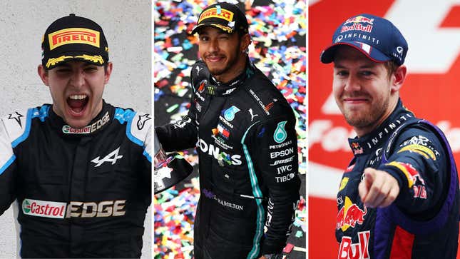 From left, Esteban Ocon, Lewis Hamilton, and Sebastian Vettel. 