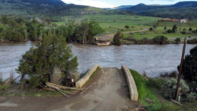 A washed out bridge shown along the Yellowstone River Wednesday, June 15, 2022, near Gardiner, Mont. 