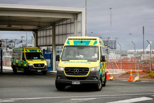 Ambulances leave Auckland International in Auckland, New Zealand, Monday, March 11, 2024. More than 20 people were injured after what officials described as a &quot;technical event&quot; on a Chilean plane traveling from Sydney, Australia, to Auckland. (Dean Purcell/New Zealand Herald via AP)