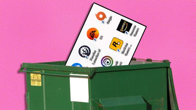 An image shows a dumpster with a bunch of PC game launchers inside it. 