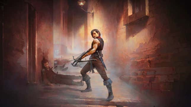 A mercenary weilds a crossbow in an alley next to a dead person.