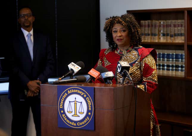 SAN FRANCISCO, CALIFORNIA - NOVEMBER 08: Alameda County District Attorney Pamela Price speaks during a press conference in Oakland, Calif., in on Wednesday, Nov. 7, 2023.