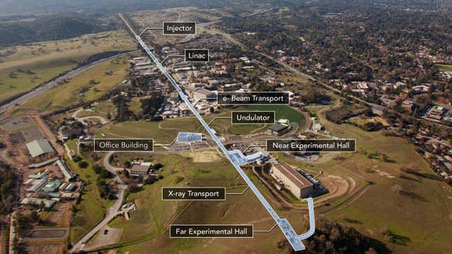 An aerial photo of LCLS, a two-mile-long linear accelerator at SLAC National Accelerator Laboratory.