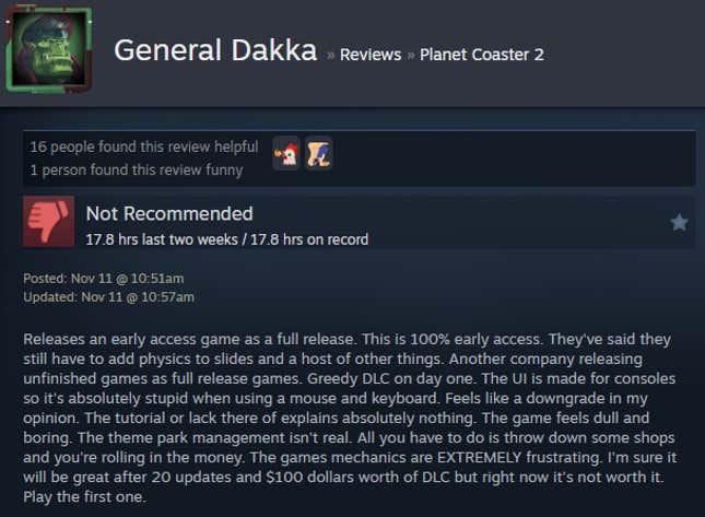 A screenshot shows a Steam user review of Planet Coaster 2.