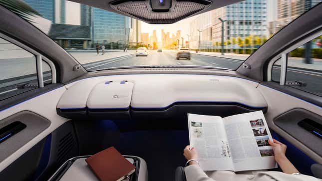 A photo of the interior of the Baidu Apollo RT6 self-driving taxi. 