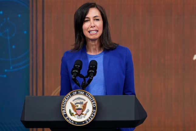 FILE - Federal Communications Commission Chairwoman Jessica Rosenworcel speaks from the South Court Auditorium on the White House complex in Washington, Monday, Feb. 14, 2022. The top U.S. telecommunications regulator is asking automakers how they plan to protect people from being stalked or harassed by partners who have access to vehicle location and other data. In a letter sent Thursday, Jan. 11, 2024, to nine large automakers, Rosenworcel asks for details about connected car systems and plans to support people who have been harassed by domestic abusers. (AP Photo/Susan Walsh, File)