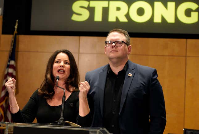 SAG-AFTRA President Fran Drescher, with National Executive Director and Chief Negotiator Duncan Crabtree-Ireland speak during a news conference at the SAG-AFTRA offices in Los Angeles on Friday, Nov. 10, 2023. (AP Photo/Richard Vogel)