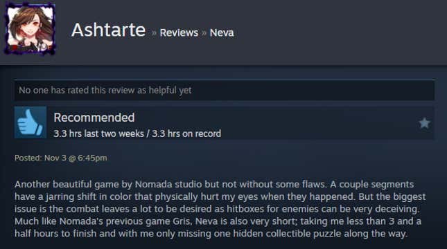 A screenshot shows a Steam user review from Neva.