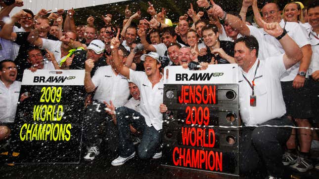 A photo of the Brawn GP team celebrating a win. 