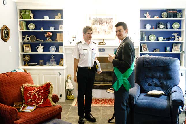 The Honorable Lieutenant Junior Grade Spencer MacGillivray, RSN, left, and King Max I, (Max Pollack) of the Kingdom of Jupiter talk during MicroCon 2017 at an open house at the Ruritarian Embassy in Stone Mountain, Ga. on June 23, 2017.