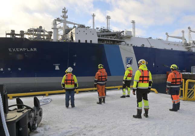 FILE - A view of the Vessel FSRU Exemplar, the floating liquefied natural gas LNG terminal chartered by Finland to replace Russian gas, at the port in Inkoo, Finland, Friday, Dec. 30, 2022. Finland and Estonia said Sunday, Oct. 8, 2023 that the undersea Balticconnector gas pipeline running between the two countries across the Baltic Sea has been temporarily taken out of service due to a suspected leak. Gasgrid Finland said the Finnish gas system is stable and the supply of gas has been secured through the Inkoo floating LNG terminal, referring to the offshore support vessel Exemplar. (Jussi Nukari/Lehtikuva via AP, File)