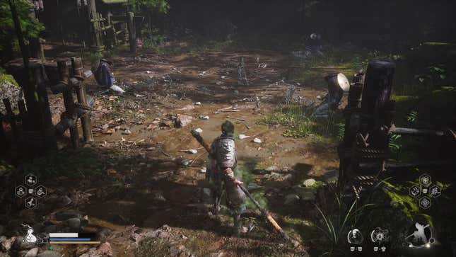 The player character stands in a clearing with bones scattered about.