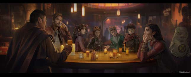 Star-Lord, Wong, and the Young Avengers are shown speaking around a table.