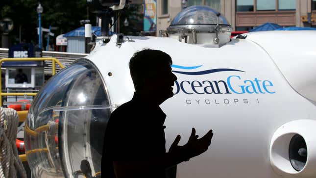 Stockton Rush, OceanGates chief executive, spoke at a press conference said during a press conference next to the Cyclops 1, a five-person sub that was used by OceanGate to capture detailed sonar images of the Andrea Doria shipwreck.