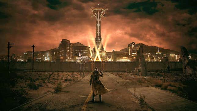 The Courier stands in front of New Vegas bathed in lights