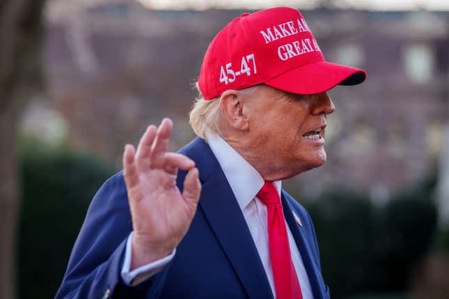 U.S. President Donald Trump before boarding Marine One on the South Lawn of the White House on February 28, 2025 in Washington, DC.