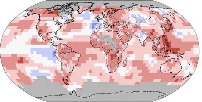Red indicates the warmest temperatures on record. Pink signifies temperatures “much warmer than average” and light pink means “warmer than average,” according to NOAA.