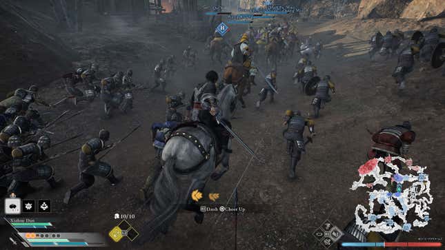 A screenshot of Dynasty Warriors: Origins. The main character is on a grey horse as he charges into battle alongside his army.